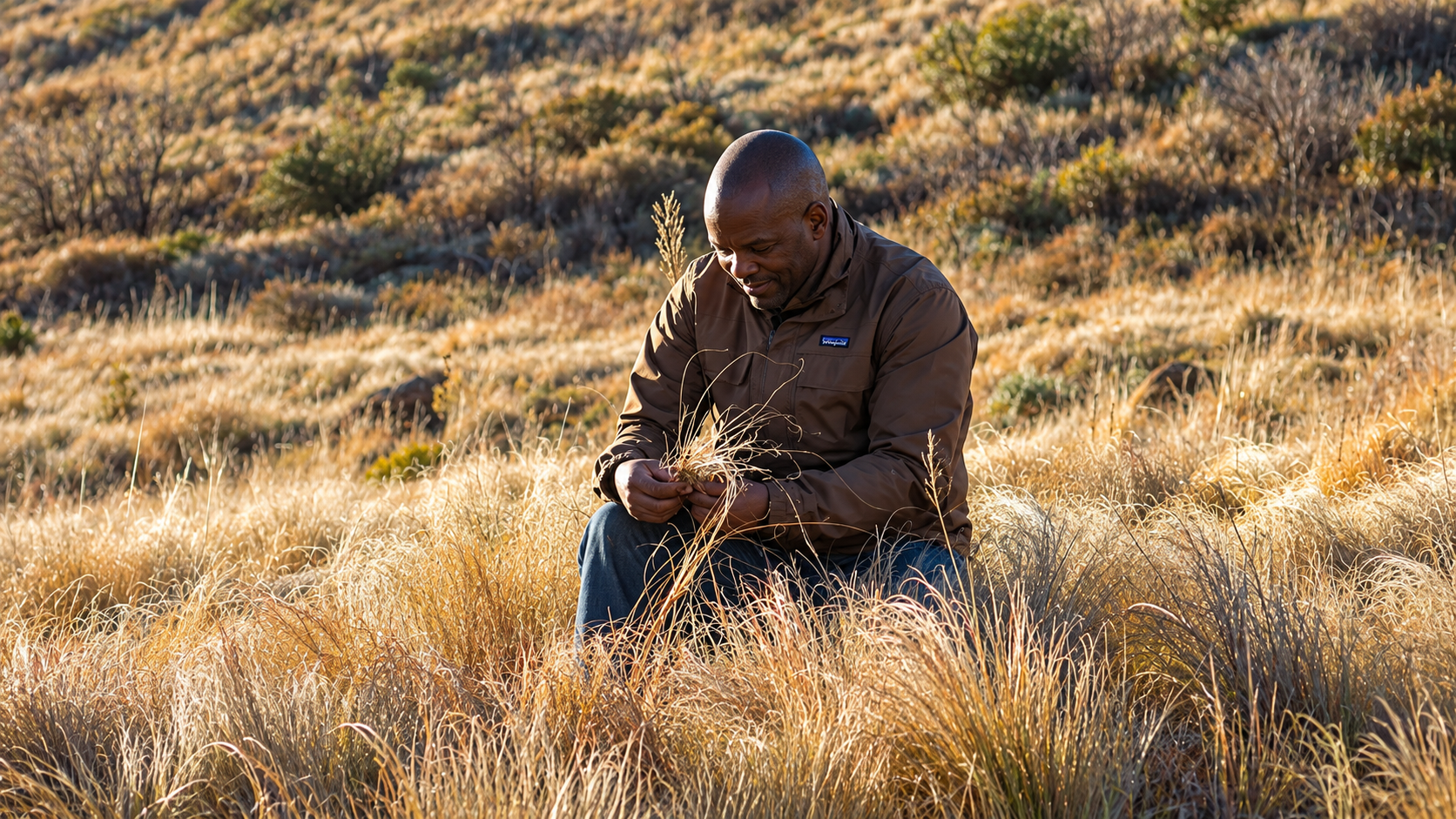 Dr. Sati kneeling in golden winter grassland, inspecting a tuft of grass