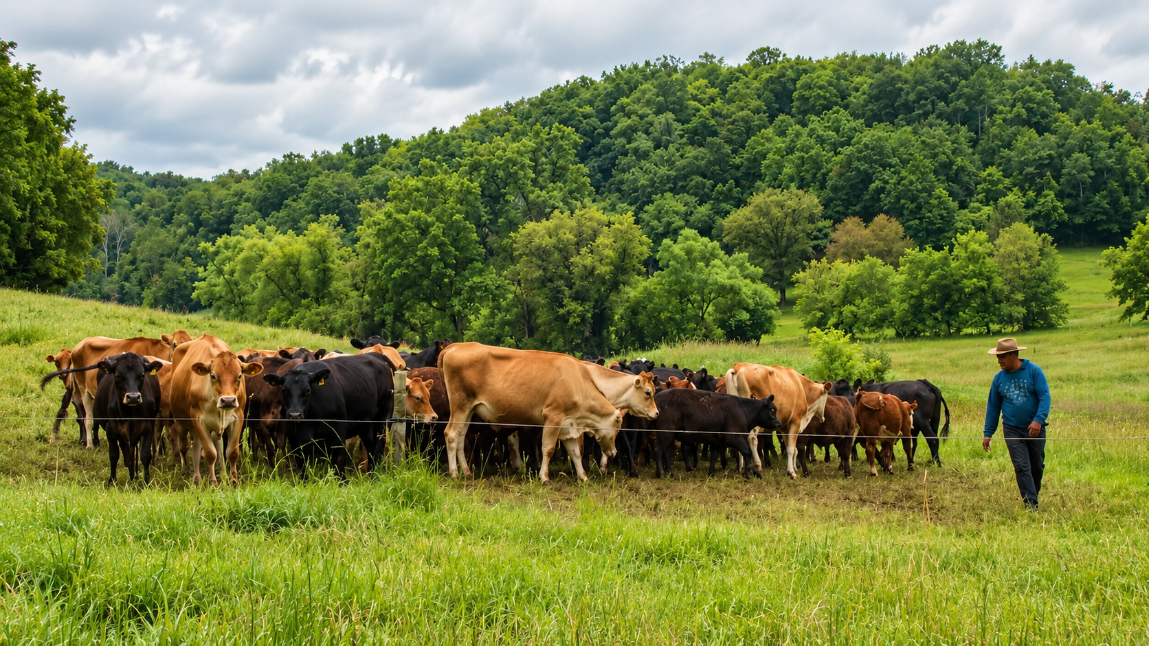 A herder moving a mixed herd of cattle across green pasture